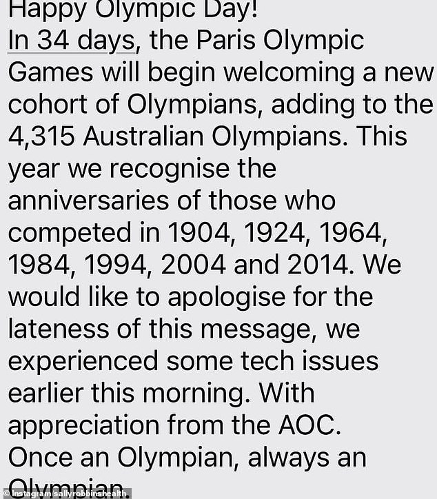 Robbins also shared her reaction to a message she received as a former Olympian ahead of the Paris Games this month