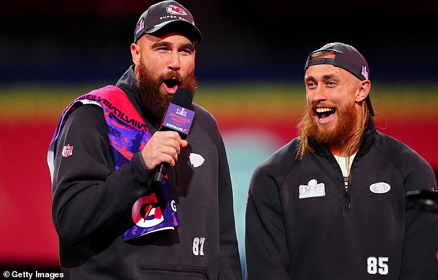 Kelce (left) and Kittle (right) before the Chiefs defeated the 49ers in Super Bowl LVIII in Las Vegas