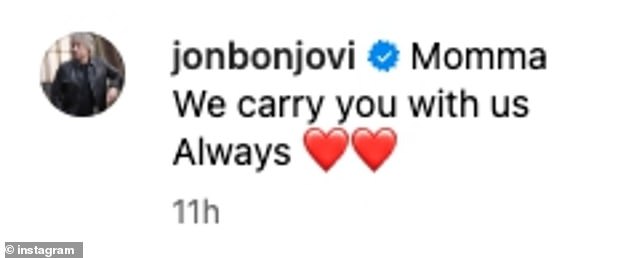 He shared a clip from his band Bon Jovi's 'Story of Love' video clip, featuring personal home clips. 'Mom. We carry you with us. Always,' he wrote in the caption