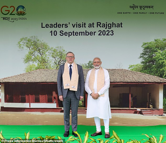 Indian Prime Minister Narendra Modi and Anthony Albanese are pictured together during the G20 summit in New Delhi, India, in September