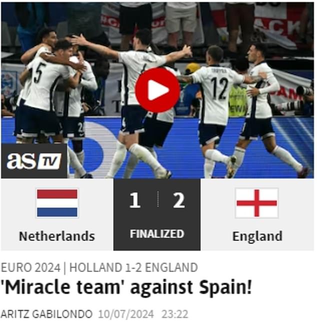 Several Spanish media praised England's resilience and AS called them the 'miracle team'