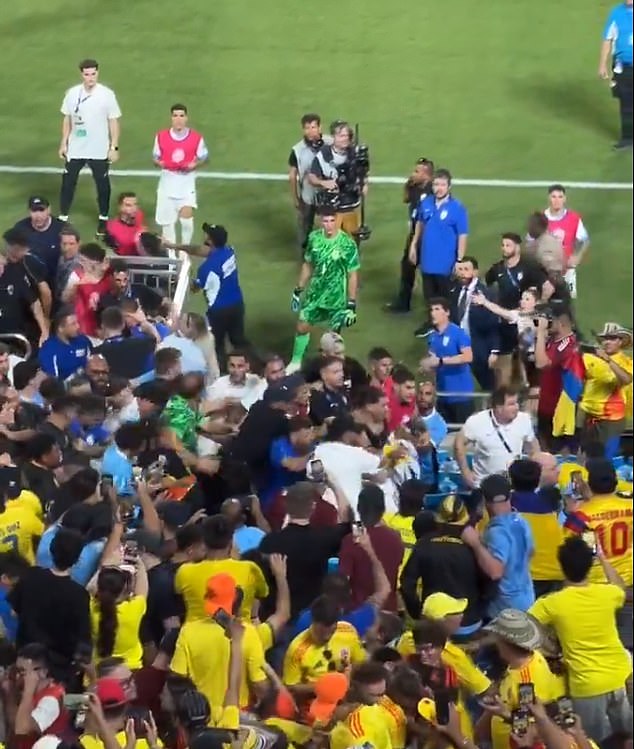 The Uruguay midfielder, top left, was then led away from the scene of the disaster