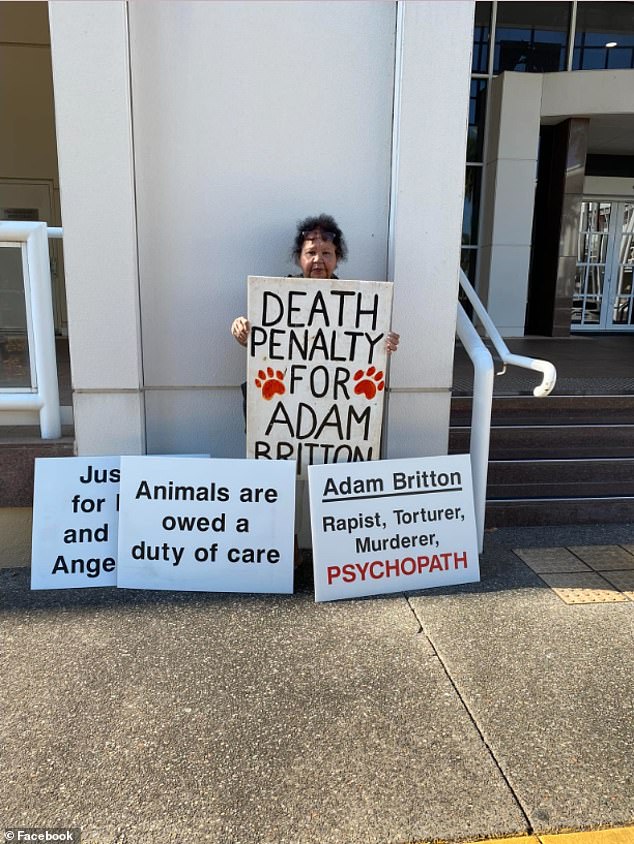 Pictured: A woman calls for Adam Britton to be sentenced to death outside Darwin's Supreme Court on Thursday