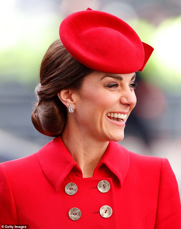 When styling her elegant updos, Kate often opts for a hairnet to hold her locks in place. Above: Kate wears a hairnet during the Commonwealth Day service at Westminster Abbey in March 2019