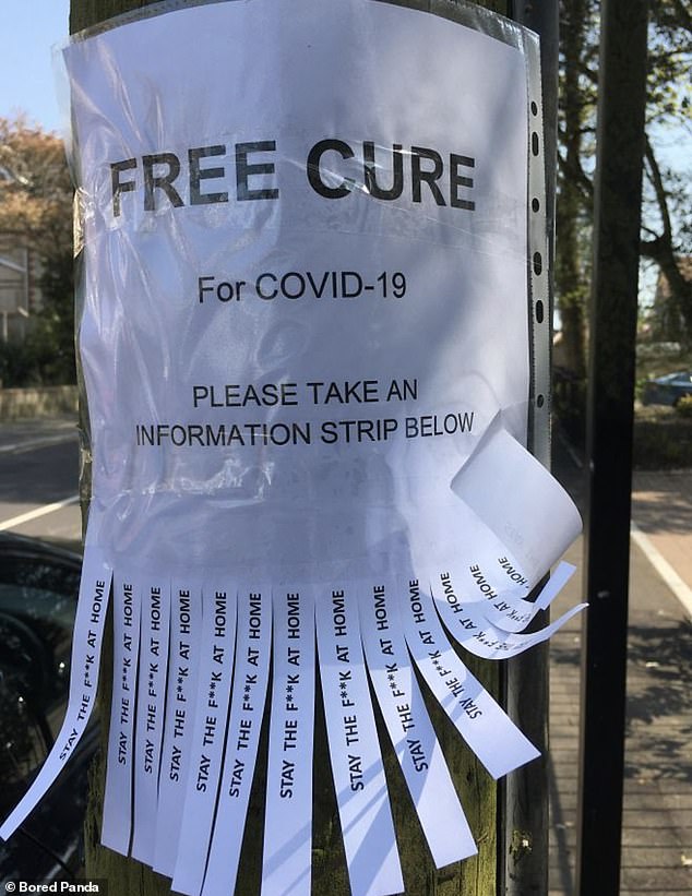 Well played! Elsewhere, another hilarious announcement, spotted in England, appeared offering a 'free Covid-19 cure'