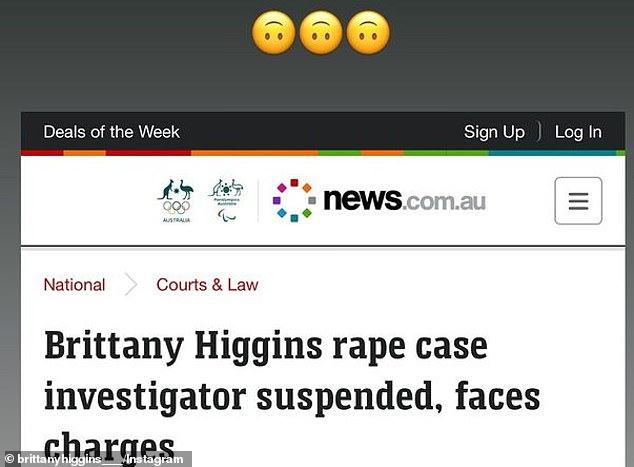 Detective Leading Senior Constable Trent Madders has been charged with perjury, perverting the course of justice and concealing evidence in an unrelated matter in a case involving a former AFP officer. Ms Higgins' reaction is pictured above