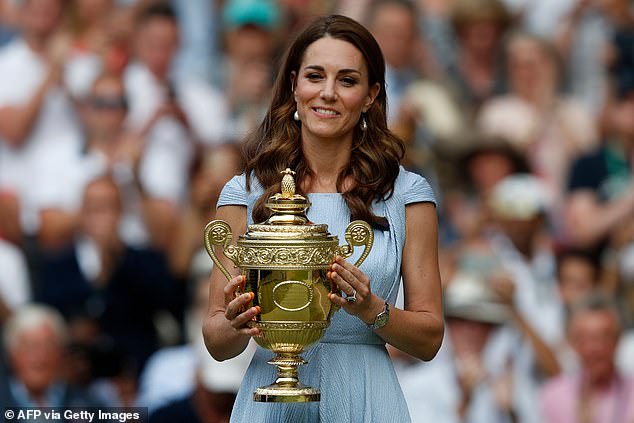 Holding the winner's trophy after the men's singles final of the 2019 Wimbledon Championships