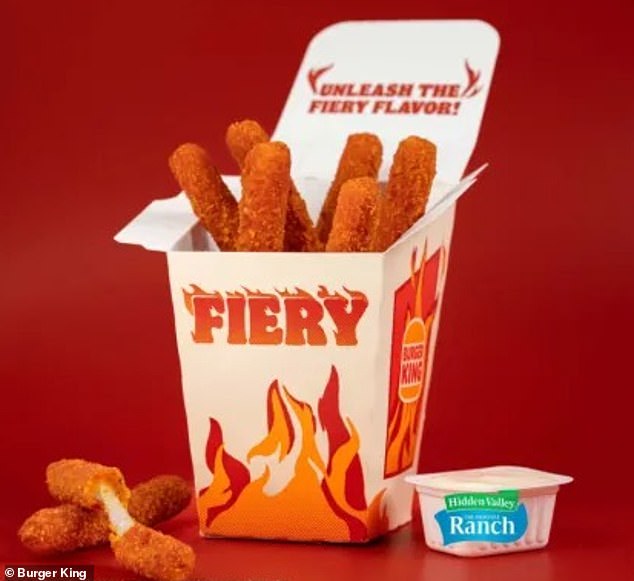 Fiery Mozzarella Fries are French fry-shaped sticks filled with melted mozzarella cheese and peppers and covered in a fiery Calabrian pepper breading for spiciness