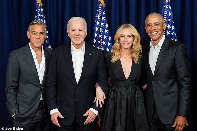 President Biden with George Clooney, Julia Roberts and former President Obama at a fundraiser last month