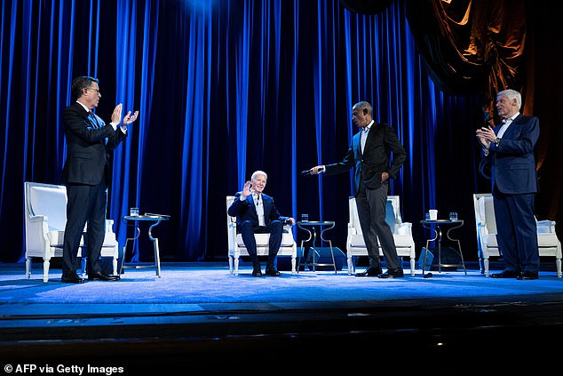 Stephen Colbert (far left) with Presidents Biden, Obama and Clinton at a campaign fundraiser on March 28 in New York City