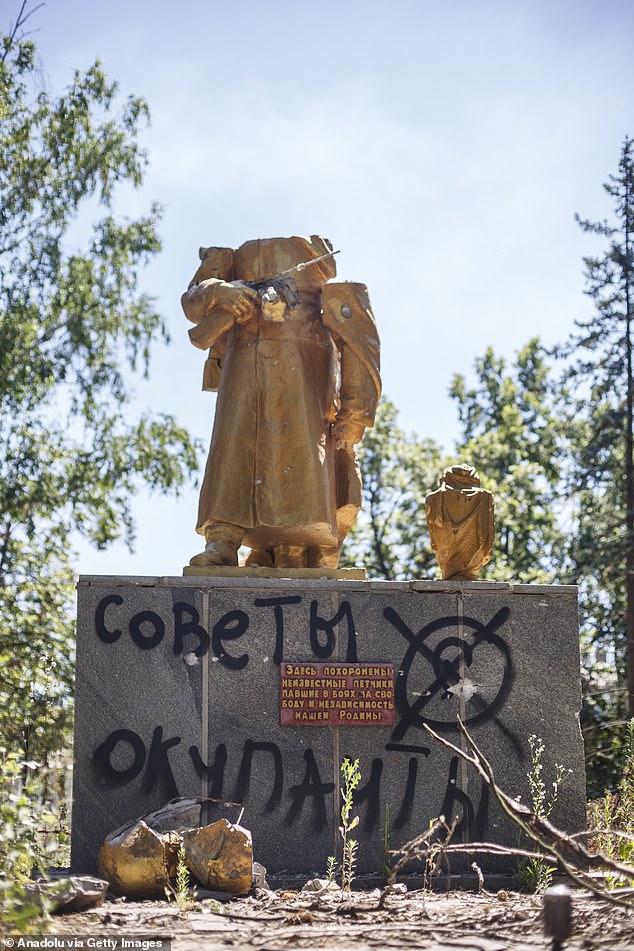 A destroyed statue in Chasiv Yar, Ukraine on July 6, 2024