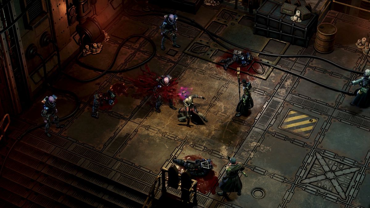 A battle breaks out in Void Shadows, the first expansion for the Rogue Trader CRPG, with the Death Cult Assassin attacking a Genestealer Cultist.