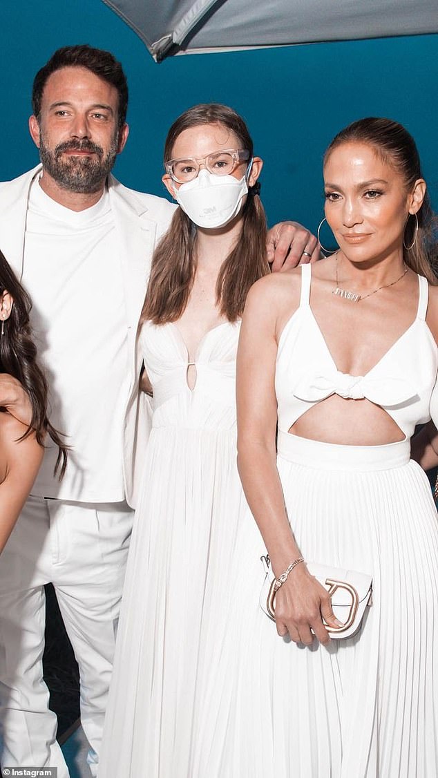 Violet has reportedly grown tired of the constant questions about why she wears a face mask outside (pictured with her dad and stepmom Jennifer Lopez in 2023)