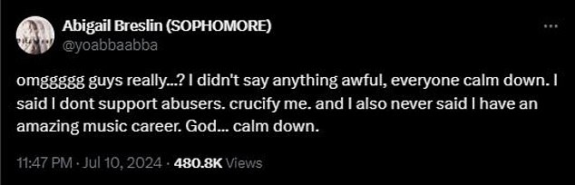 Abigail was quick to respond to criticism of her initial tweet by sharing: 'OMGGGGG guys really...? I didn't say anything horrible everyone calm down