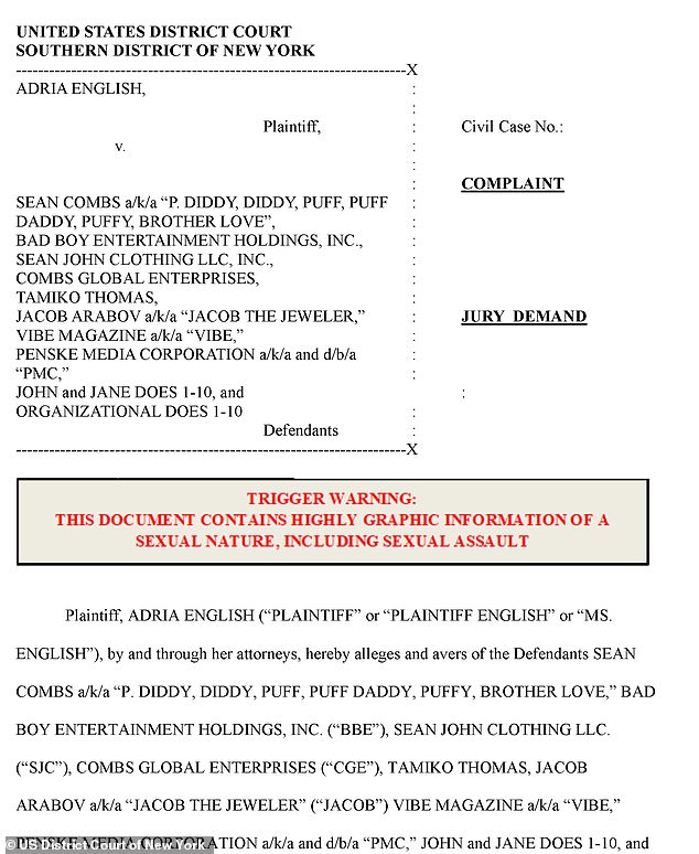 Jacob and a woman named Tamiko Thomas — who is accused of facilitating the sex trafficking and Diddy's entertainment company Bad Boy — are also listed as defendants in the lawsuit