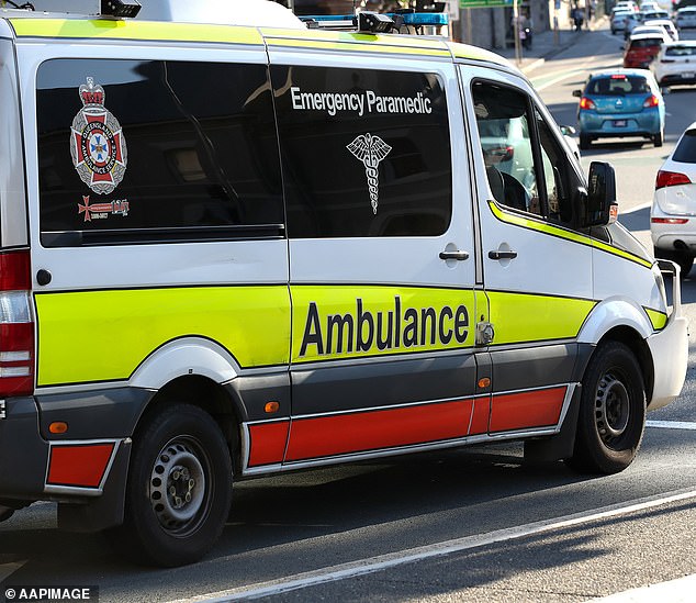 Emergency services were called to Brewers Road, Sarina, 930km north of Brisbane, on Thursday afternoon after reports of a collision with a pedestrian. A Queensland ambulance is pictured