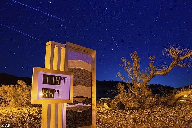 A long-exposure photo shows the recorded temperature on a thermostat at the Furnace Creek Visitors Center after 10 p.m. earlier this week in Death Valley National Park, California.