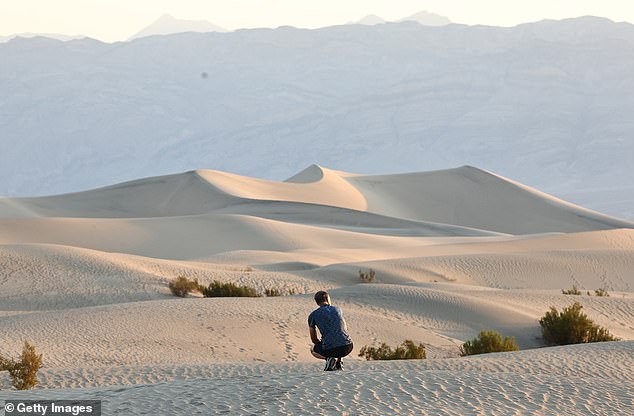 A visitor rests at Mesquite Flat Sand Dunes shortly after sunrise, when temperatures are cooler.