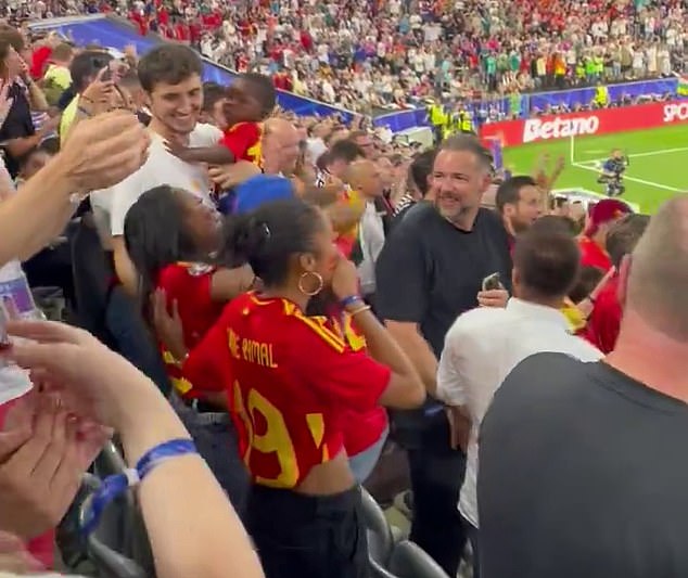 His sister was in tears as his mother was seen hugging another family member after his goal against France