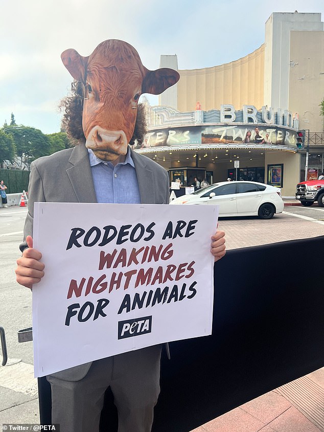 A protester held a sign that read: 'Rodeos are waking nightmares for animals'