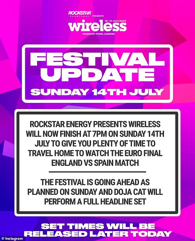 A statement on Friday announced that Wireless would shut down at 7pm on Sunday, an hour before England's match at Euro 2024.