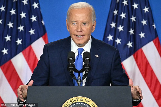 During sentencing, the presiding federal judge noted that Harris and Kurlander had first tried unsuccessfully to sell Biden's assets to then-President Donald Trump's 2020 presidential campaign. Pictured: President Joe Biden at the NATO summit in DC on Thursday