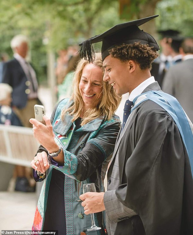 In 2000, Mrs Prance had a mesh sling fitted to support her bladder, which helped temporarily but left her with pelvic pain that became chronic, she said. The pain was so intense that she was also forced to give up her fitness job within the NHS. Pictured: Mrs Prance and her son at his graduation six months after her stoma operation