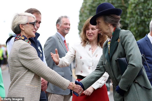 Princess Anne is pictured shaking hands with guests at a Riding for the Disabled Association (RDA) National Championships event on Friday afternoon