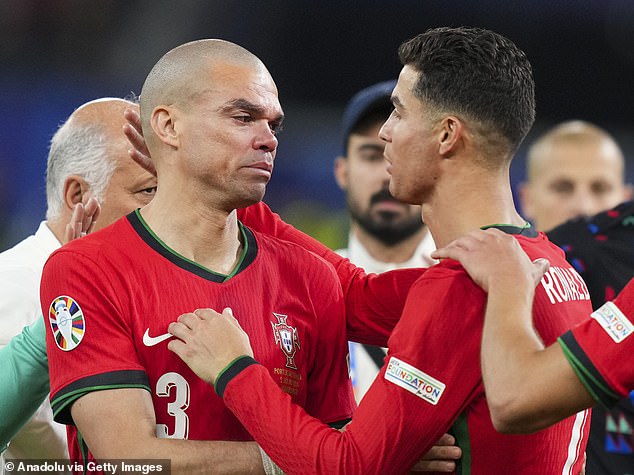 Reflecting on Portugal's loss, Cristiano wrote on X, formerly Twitter: 'We wanted more. We deserved more. For us. For each of you. For Portugal (pictured with teammate Pepe)