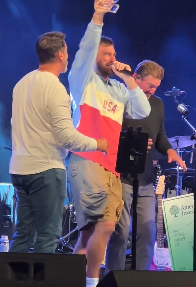 Kelce shouted out his pop megastar girlfriend after winning the competition for his rendition of Whitesnake's 1982 hit 'Here I Go Again'