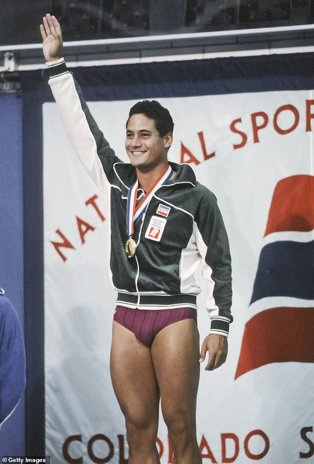 Louganis of the USA celebrated his gold medal in the men's 10m platform event during the diving competition at the 1983 National Sports Festival in Colorado Springs, Colorado