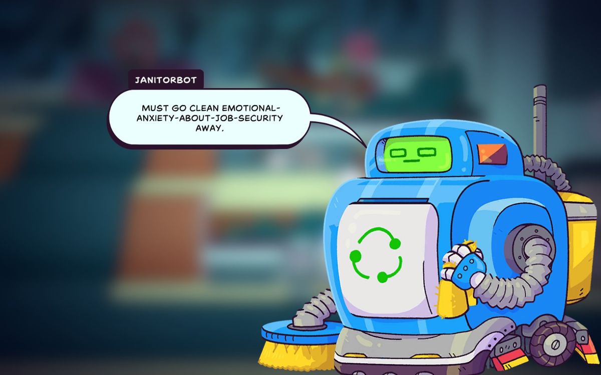 A screenshot of an in-game interaction with Janitorbot in Times and Galaxy. Janitorbot says: 