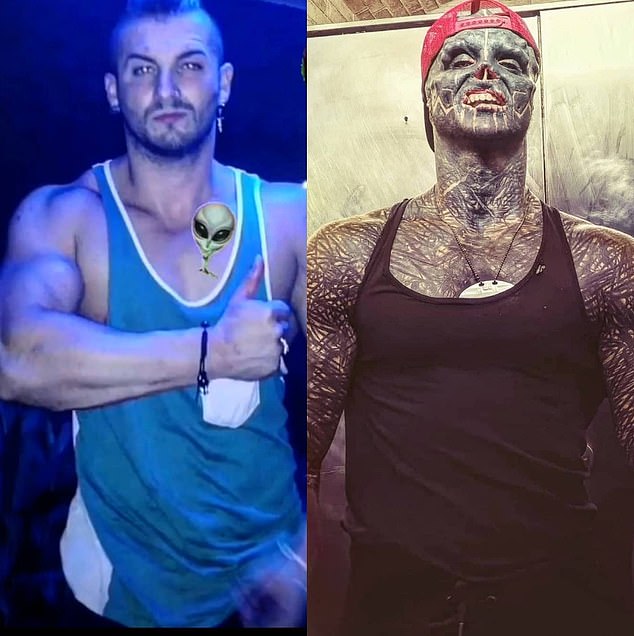 Mr. Loffredo is pictured above before his transformation (left) and after numerous surgeries. He is part of the extreme body modifications community