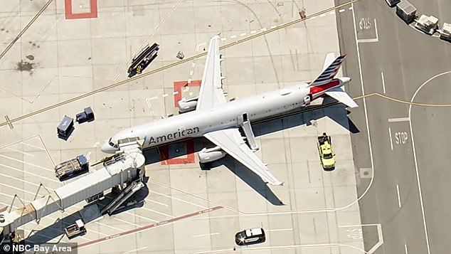 An aerial photo shows the American Airlines Airbus after it was evacuated at San Francisco International with its emergency exits deployed