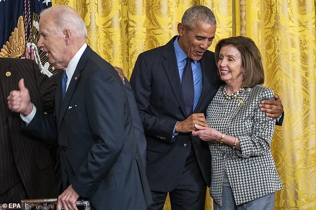 Nancy Pelosi, pictured above with Barack Obama and Joe Biden at the White House in 2022, is one of the few people who could tell Biden to resign