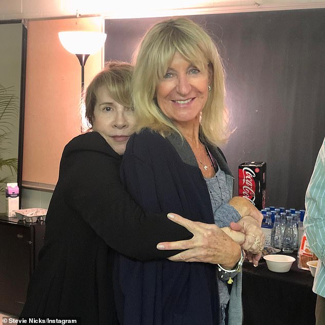 The 30-year-old Water Melon Sugar singer joined the 76-year-old Fleetwood Mac icon as she paid an emotional tribute to her late bandmate Christine McVie on what would have been her 81st birthday (Christine, R, and Stevie, L, pictured together)