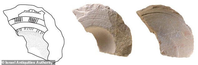 The sherd had a broad rim with three concentric bands in a grid pattern and was decorated with a rope