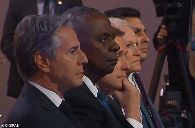 Secretary of State Antony Blinken (left), Defense Secretary Lloyd Austin and National Security Adviser Jake Sullivan struggled to contain their reactions to Biden's mistake