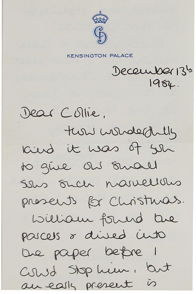 In her letter dated December 13, 1984, Diana thanks Collie for the Christmas presents she bought for her sons Prince William and Harry.