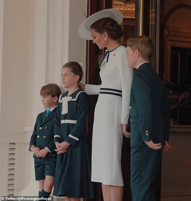 Behind-the-scenes video footage filmed at Buckingham Palace showed Kate playing with her daughter Princess Charlotte's hair as they watched the annual spectacle last month