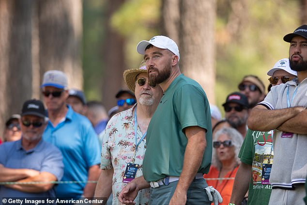 Travis Kelce (R) and his father Ed Kelce at the ACC Celebrity Golf Championship