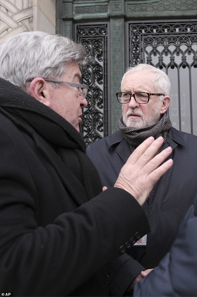 'Brothers in arms' Jeremy Corbyn and Melenchon, 72, speak outside the International Court of Justice in The Hague in January this year.