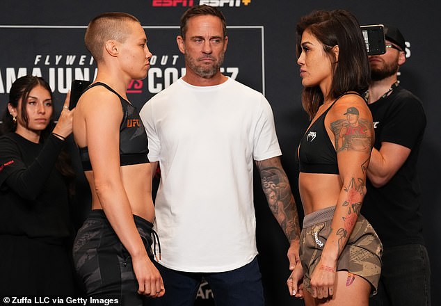 Opponents Rose Namajunas and Tracy Cortez face off at the UFC weigh-in in Denver