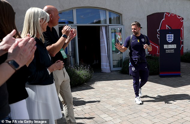 Luke Shaw, pictured here leaving Blankenhain, could make his first start at Euro 2024 on Sunday