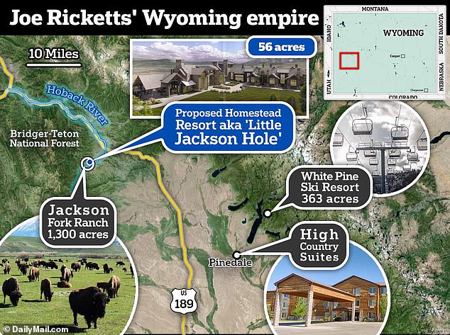 Ricketts has built a real estate empire in Sublette County, Wyoming, and has also acquired a luxury ski resort and hotel in the area just south of the tourist hot spots in Teton County