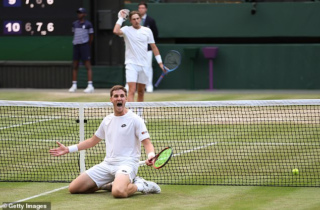 Patten is pictured celebrating on his knees after he and his partner won Saturday's epic final