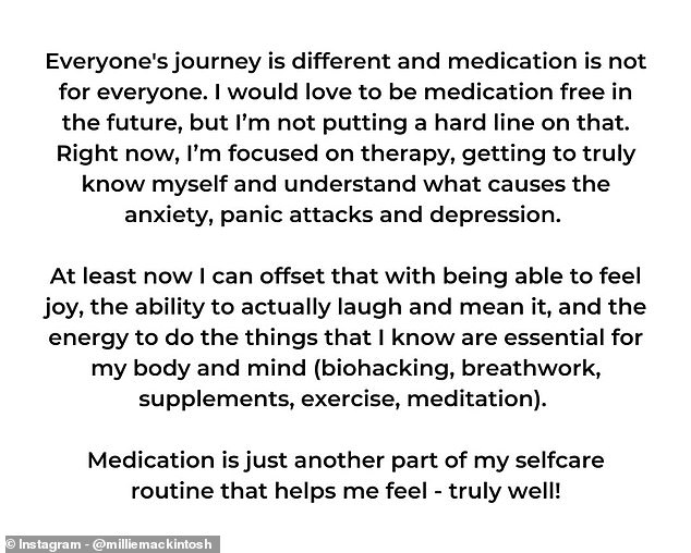 She told her 1.3 million followers that she doesn't plan on taking medication forever and that she will continue therapy