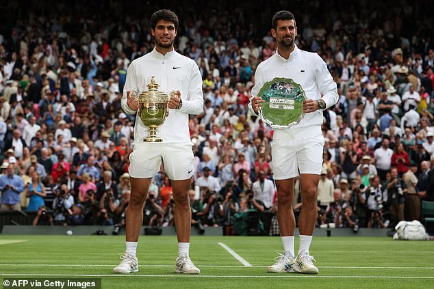 Djokovic takes on Carlos Alcaraz (left) on Sunday, 12 months after the Spaniard defeated him