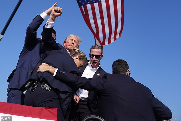 Donald Trump is seen with his fist in the air beneath a Stars and Stripes flag after Saturday's shooting in Butler, Pennsylvania, which left the president injured and the shooter and a bystander both killed.