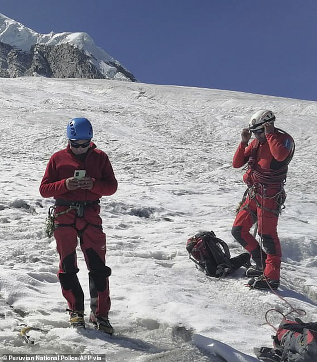 The Stampfl family worked with local guides and authorities to recover his remains over the weekend. His body was then placed in a morgue in the city of Huaraz. Rescue workers are pictured during the recovery effort